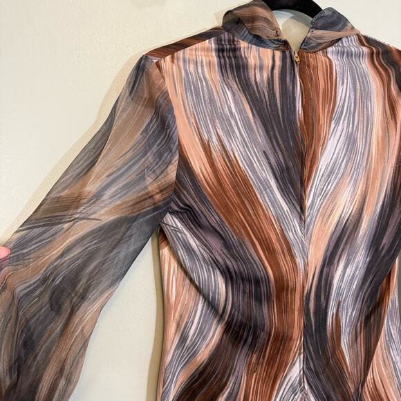 B Altman & Co Blouse 14 Vintage Abstract Tie Neck Long Sleeve Work Career Brown - Picture 4 of 9